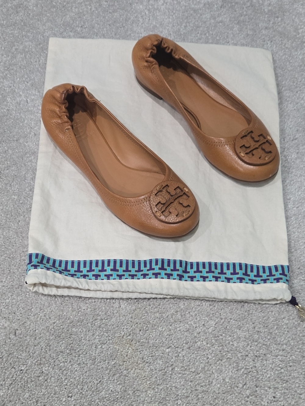 Tory Burch Cognac Leather Logo Ballet Flats